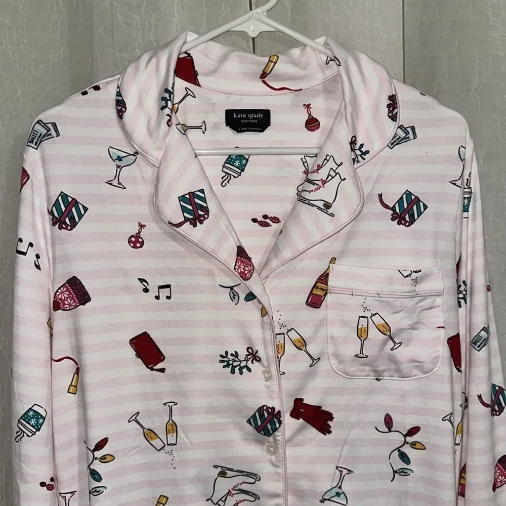 kate spade S-XL Blush Pink Vertical Stripe Festive Holiday Notched Collar PJ